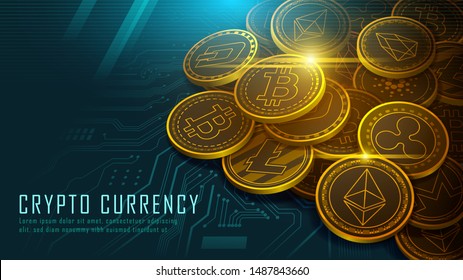 Pile of ten famous cryptocurrency coins artwork on circuit board with texts , Vector illustrator