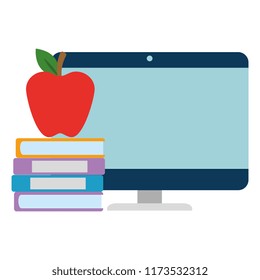 pile text books with apple and computer