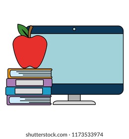 pile text books with apple and computer