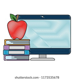 pile text books with apple and computer