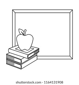 pile text books with chalkboard and apple