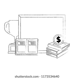 pile text books with chalkboard and trophy