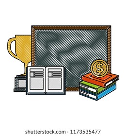 pile of text books with chalkboard and trophy