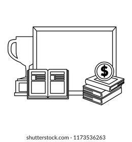 pile text books with chalkboard and trophy