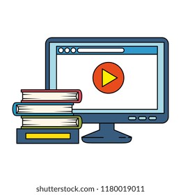 pile text books with computer