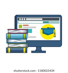 pile text books with computer
