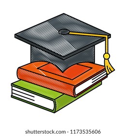 pile of text books with hat graduation