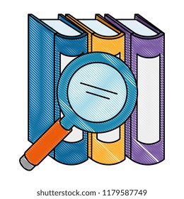 pile text books with magnifying glass
