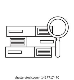 pile text books with magnifying glass