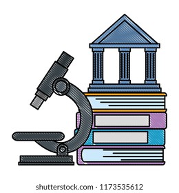 pile of text books with microscope and library building