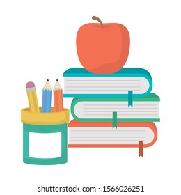 pile text books with pencil holder and apple vector illustration design