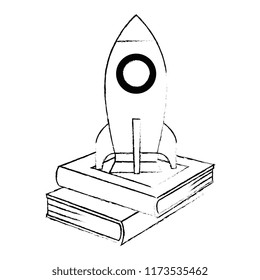 pile text books with rocket