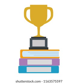 pile text books with trophy cup