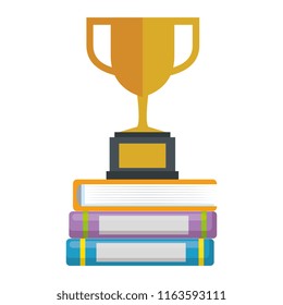 pile text books with trophy cup