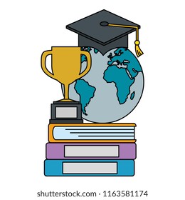 pile text books with trophy and planet