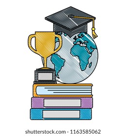 pile text books with trophy and planet