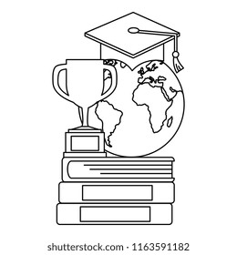 pile text books with trophy and planet