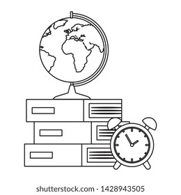 pile textbooks with alarm clock and earth map
