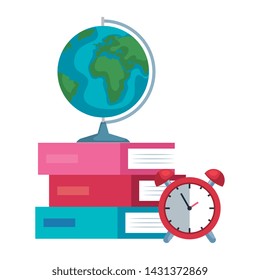pile textbooks with alarm clock and earth map
