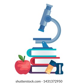 pile textbooks with microscope and supplies