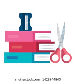 pile textbooks and scissors and sharpener