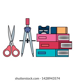 pile textbooks with scissors and supplies