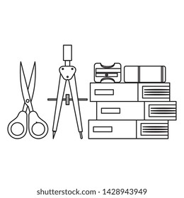 pile textbooks with scissors and supplies