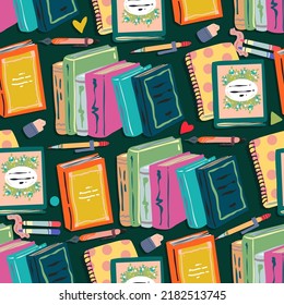 Pile of textbooks to study, stationery. Set of various books, textbooks, workbooks, pens, pencils, marking. Flat vector illustration. Pattern. Dark background, wallpaper