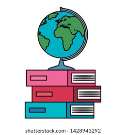 pile textbooks with world map
