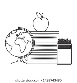 pile textbooks with world map and colors pencils