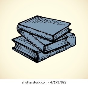 Pile of thick aged encyclopedias isolated on white backdrop. Freehand outline ink hand drawn picture sketchy in art antique doodle style. View closeup with space for text