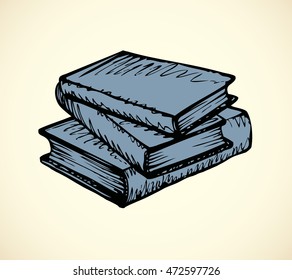 Pile of thick aged encyclopedias isolated on white backdrop. Freehand outline ink hand drawn picture sketchy in art antique doodle style. View closeup with space for text
