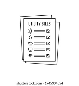 pile of thin line monthly utility bills papers. concept of business report or house energy efficiency. simple stroke art abstract modern graphic web linear design element isolated on white background