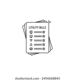 Pila de documentos mensuales de facturas de servicios públicos de línea delgada Concepto de informe de negocios o eficiencia energética de la casa. Arte de trazo simple Diseño lineal de Web gráfico moderno abstracto