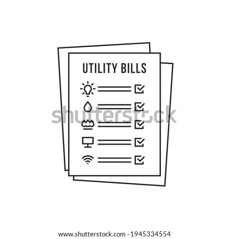 pile of thin line monthly utility bills papers. concept of business report or house energy efficiency. simple stroke art abstract modern graphic web linear design element isolated on white background