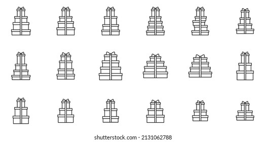 Pile of tied gift boxes in several layers. Stack of big and small gifts with single ribbon and bow. Heap of packed presents. Set of thin line vector icons. 64x64 pixels. Editable Strokes. Part 1