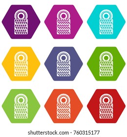Pile of tires icon set many color hexahedron isolated on white vector illustration