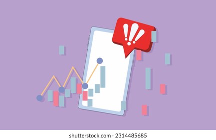 Pile of trading graph with plummeting and warning on mobile phone . Business failure and alert concept.