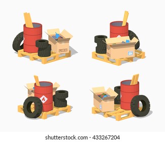 Pile of trash. 3D lowpoly isometric vector illustration. The set of objects isolated against the white background and shown from different sides