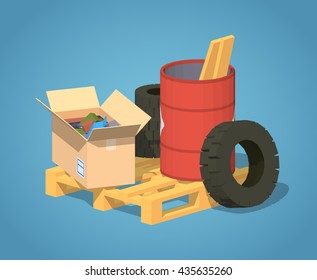 Pile of trash against the blue background. 3D lowpoly isometric vector illustration