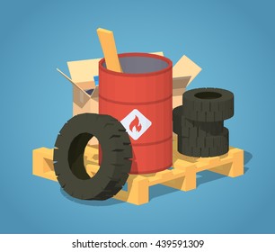 Pile of trash against the blue background. 3D lowpoly isometric vector illustration