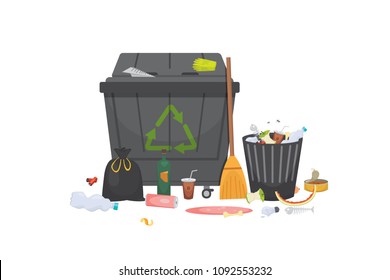 Pile of trash Garbage glass, metal and paper, plastic electronic, organic. Vector isolated illustration.
