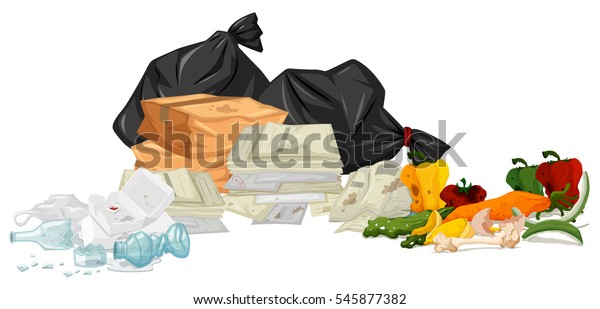 紙と腐った食べ物のイラストが山積みになったゴミの山 のベクター画像素材 ロイヤリティフリー