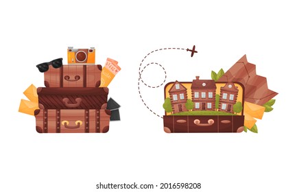 Pile of Travel Suitcase and Open Trunk with Vacation Symbols Vector Set