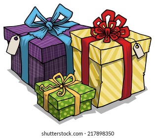 Pile of tree beautifully wrapped,colorful gift boxes, vector illustration