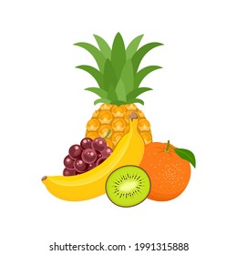 Pile of tropical fruit isolated on white. Food icon. Vector simple flat illustration of pineapple, banana, grape and orange citrus fruit.