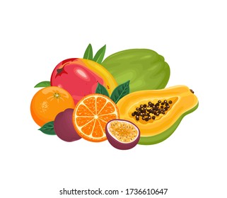 Pile of tropical fruits isolated on white background. Vector illustration of papaya, orange, passion fruit, mango and green leaves in cartoon flat style.