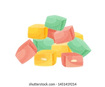 Pile of Turkish delight or rahat lokum isolated on white background. Assortment of tasty oriental sweets, traditional confection, delicious Arabic dessert with nuts. Cartoon vector illustration.