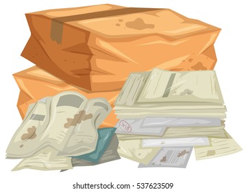 Pile of used papers and bags illustration