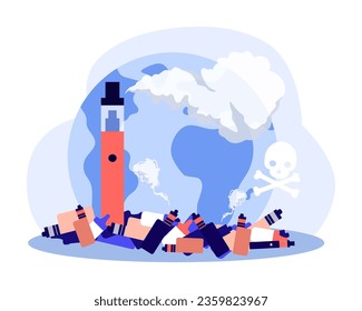 Pile of vapes harming planet vector illustration. Electronic cigarettes polluting nature and health of people, environmental impact of smoking. Recycling of vape, ecology, health care concept